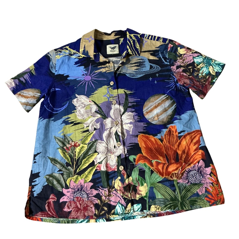 Yiume Celestial Botanical Button Up Shirt Womens Large Blue Space Flower Cotton